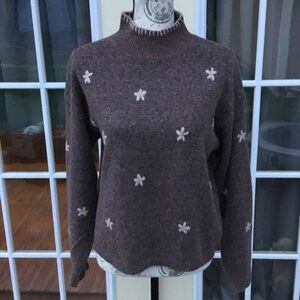 Blu Pepper Brown Mock Neck Sweater with Cream Floral Accents